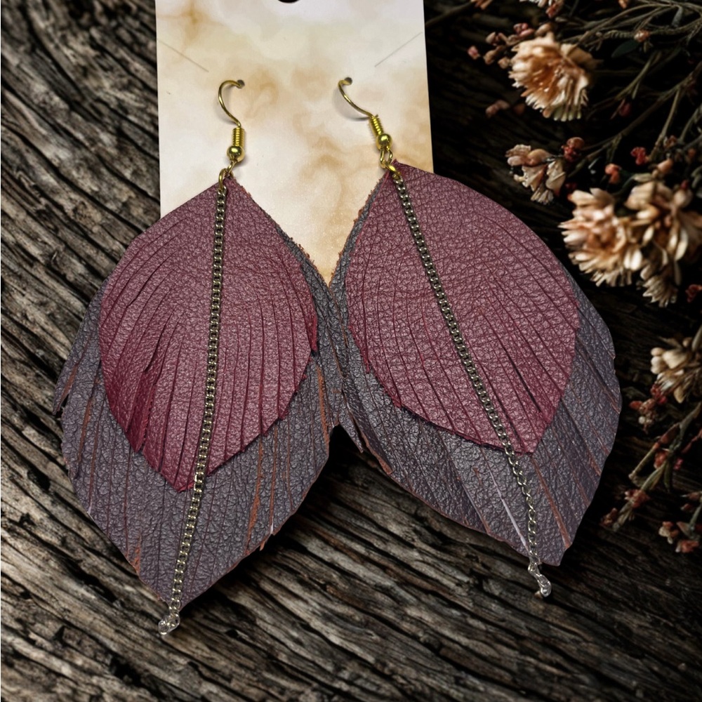 Elegant Red and Burgundy Feather cut Earrings